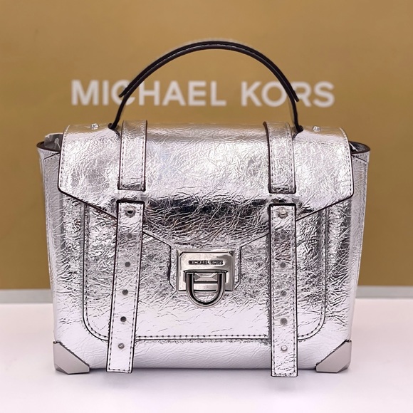 Michael Kors Manhattan Medium Red Leather Satchel Crossbody Bag Silver - Picture 2 of 11